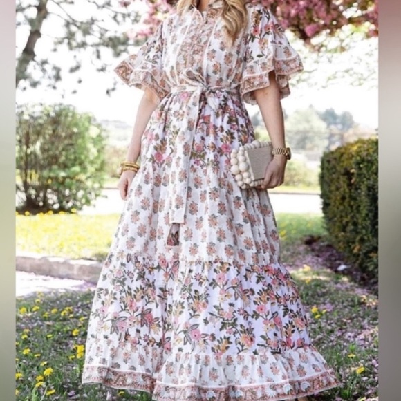 NWOT Sue Sautor Hamilton Floral Kaftan Dress Sherbert tiered maxi. Large - Picture 10 of 11